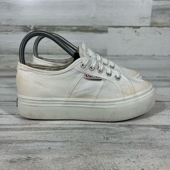 Superga Women's Platform Sneaker White Canvas Low Top Lace Up Shoes Size 6.5 - Picture 1 of 8